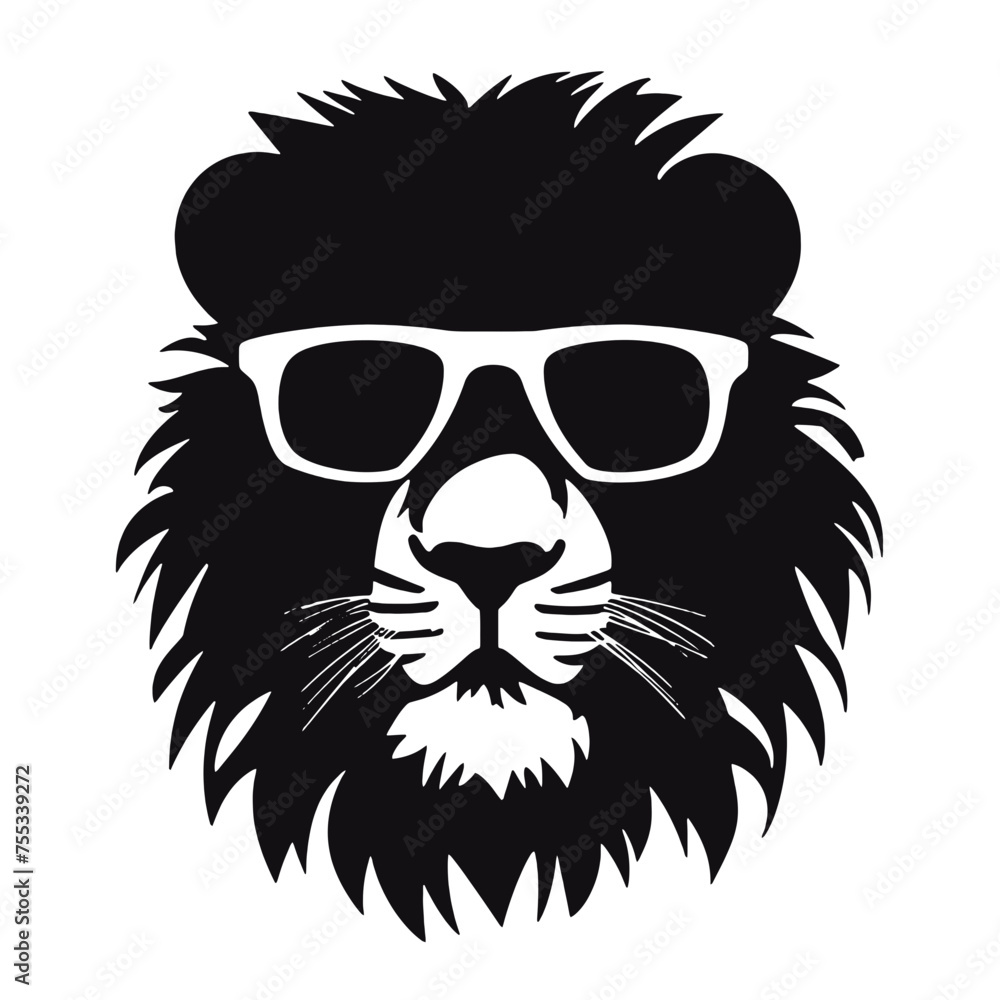 Portrait of Lion with glasses and headphones. Hand-drawn illustration. Vector