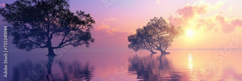 Serene Sunset and Trees Reflecting on Water