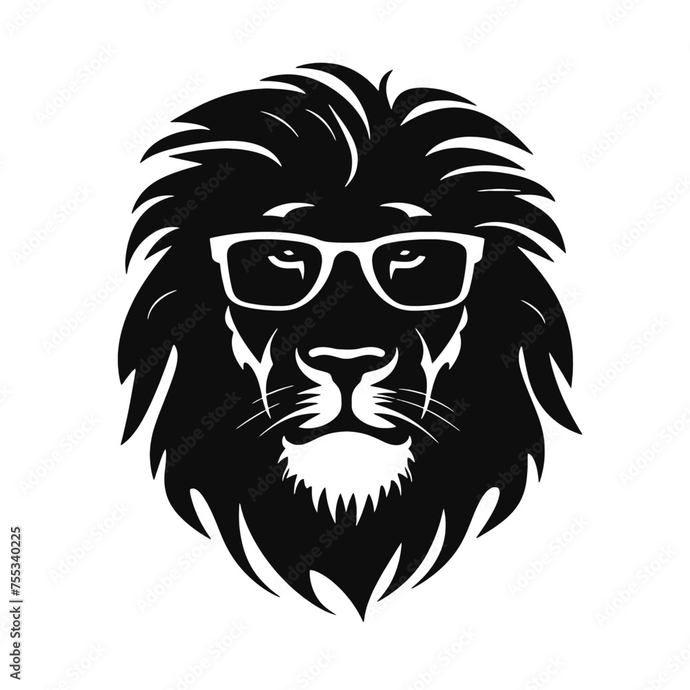 Lion head with sunglasses. Vector illustration isolated on white background.