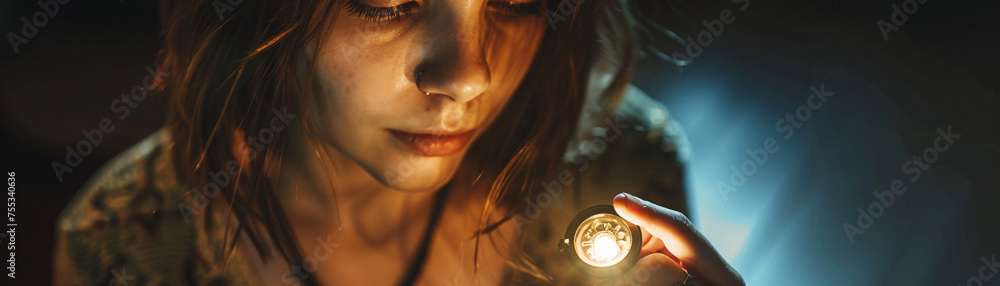 Young woman gazing thoughtfully at an old, intricate locket in her hand, under cinematic lighting, revealing detailed textures - obrazy, fototapety, plakaty 