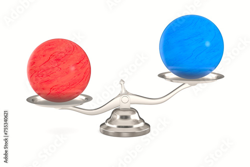 Scales with red and blue balls on white background. Isolated 3D illustration