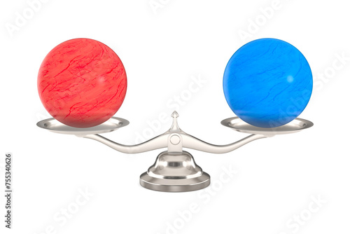 Scales with red and blue balls on white background. Isolated 3D illustration