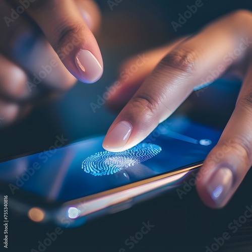 Close-up of a woman using fingerprint identification on a mobile phone to access personal financial data in a mobile banking app, highlighting biometrics cyber security innovation.