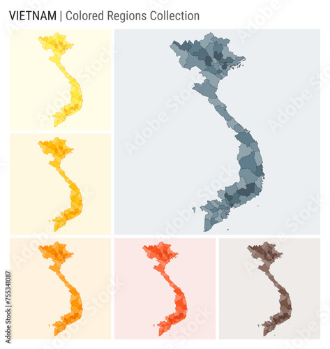 Vietnam map collection. Country shape with colored regions. Blue Grey, Yellow, Amber, Orange, Deep Orange, Brown color palettes. Border of Vietnam with provinces for your infographic.