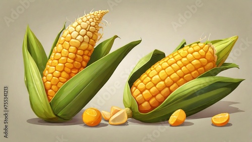 Close-up image of fresh yellow corn on the cob with green husks. photo