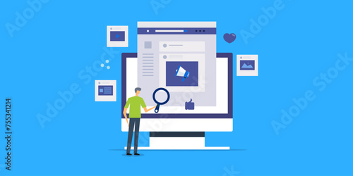 Businessman character social media marketing with content promotion strategy, engagement data insights interaction with post analysis, digital branding vector illustration.