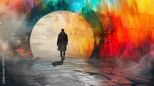 Conceptual image of a figure walking through a portal from a grayscale world into one full of color, depicting life transitions and new beginnings