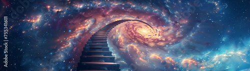 Surreal depiction of staircases leading to multiple dimensions against a backdrop of infinite space, challenging perceptions of reality