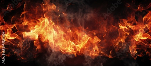 A close-up view of vibrant fire flames burning intensely against a dark black backdrop. The fiery texture is realistic, capturing the dynamic movement and heat of the flames.