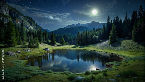  Night lake in a forest in the mountains on a grassy area with low greenery. The moon sets the lake on fire