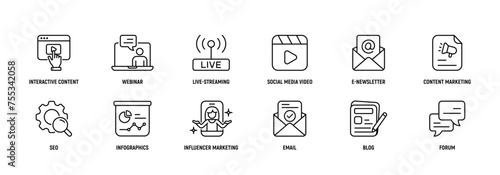 Inbound Marketing thin line icons set: Editable Stroke. Strategy, type, interactive, content, webinar, live-streaming.