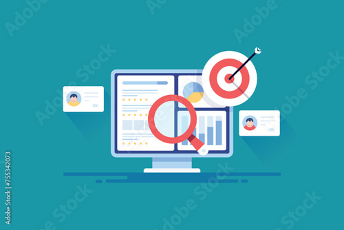 Business analytics with ai technology shows report on pc screen, target market, competitor analytics and customer data conceptual vector illustration.