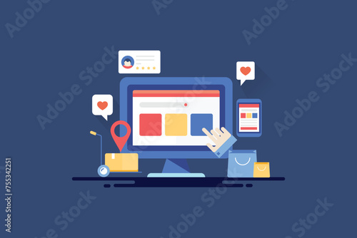 Ecommerce web store on pc screen, online shopping app on mobile, shopping trolley with delivery package, customer buy and review concept vector illustration.