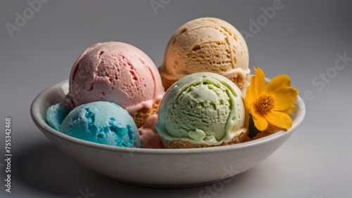 diffrent flawer ice-cream scopes in bowl isolated on light white background photo