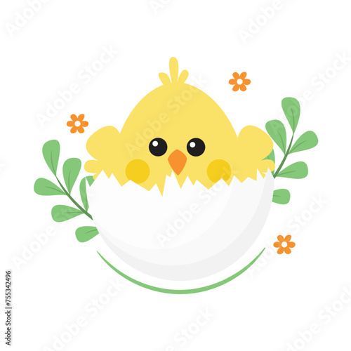 The newly hatched chicks with floral and plant decorations around them vector