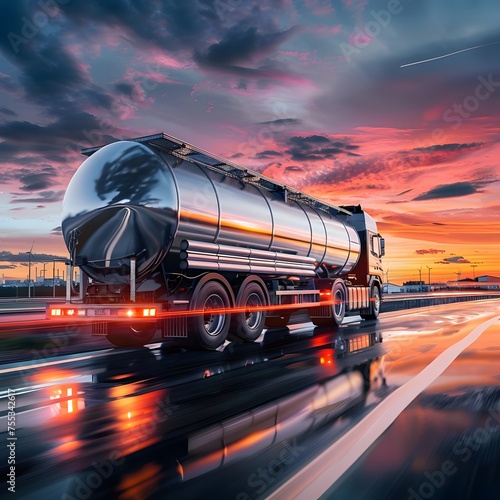 A metal fuel tanker truck transporting fuel to an oil refinery during sunset, showcasing the industrial transport process against a colorful sky.