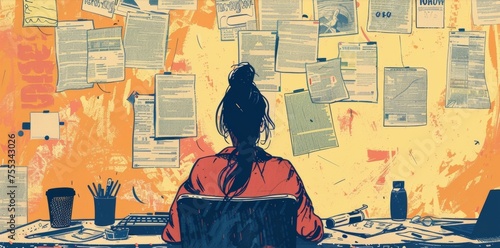 A student sitting at her desk surrounded by flyers and posters as she creates a schedule for the social events she wants to attend in the dorm. photo