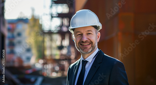 Handsome smiling investor businessman at the construction site, Developer middle age in suit and hardhat behind the building © maciej