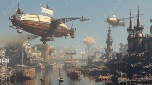 A steampunk cityscape comes alive with airships floating above a bustling, fog-enshrouded harbor in the early morning light. 