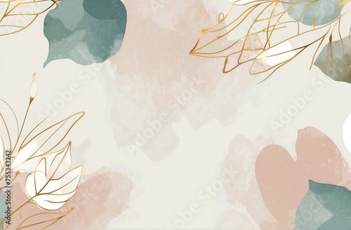 Luxury minimal style wallpaper with golden line art flower and botanical leaves. soft tone background