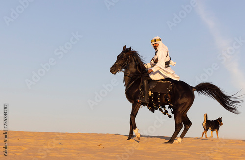 Black stallion on his hind legs with traditionally dressed Saudi man at his back