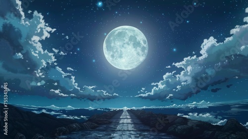 A moonlit stone pathway leads to the horizon over the tranquil ocean  under a starry night sky with drifting clouds