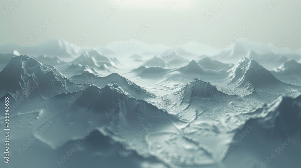 A minimalist landscape of a snow-covered mountain range bathed in soft, diffused sunlight - obrazy, fototapety, plakaty 