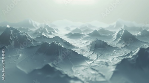 A minimalist landscape of a snow-covered mountain range bathed in soft, diffused sunlight © JITTAPON