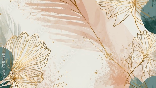 Luxury minimal style wallpaper with golden line art flower and botanical leaves. soft tone background