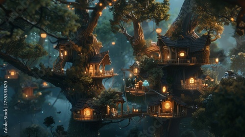 Treehouses aglow with warm lights nestled in an ancient forest under a starlit sky  creating a magical nighttime ambiance