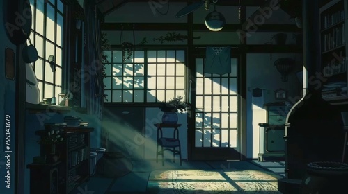 A serene Japanese traditional home with sunlight filtering through shoji screens  creating a calming atmosphere