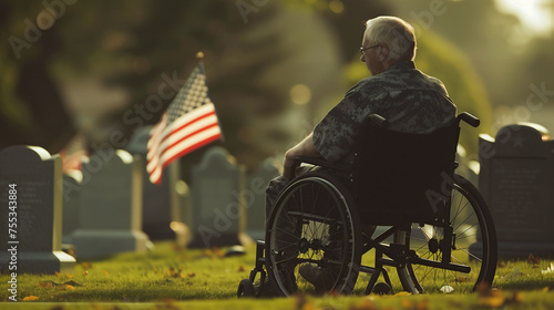 A military veteran adorned in uniform navigates a wheelchair with solemn determination at a military cemetery. Day of Remembrance. Generative AI. © Peachaya