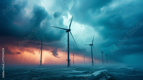 Wind turbines at sea during a storm
