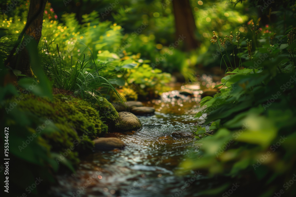 A serene landscape of a gentle stream flowing through lush greenery. A serene landscape of a gentle stream flowing through lush greenery.