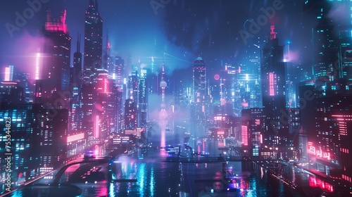Cyberpunk urban landscape illuminated by neon lights at night.