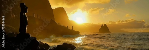 Sunset Over a Mysterious Island Background - Breathtaking sunset over a mysterious island with silhouettes of ancient statues lining the cliffs in Golden Hour created with Generative AI Technology photo