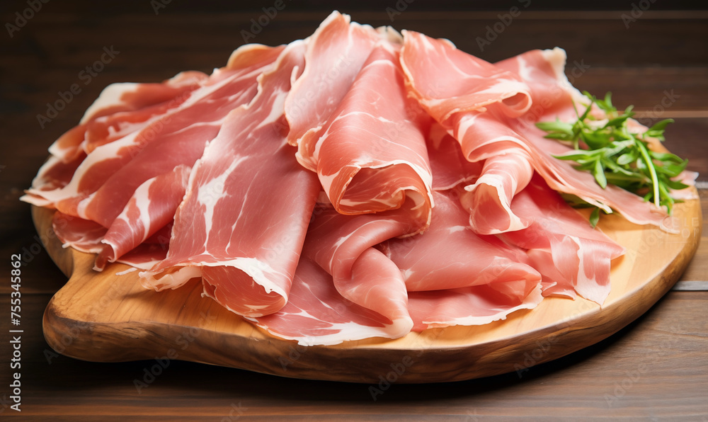 Thinly sliced pieces of Proscuitto neatly presented on a wooden serving board along with a spring of Rosemary garnish Thinly sliced pieces of Proscuitto neatly presented on a wooden serving board along with a spring of Rosemary garnish