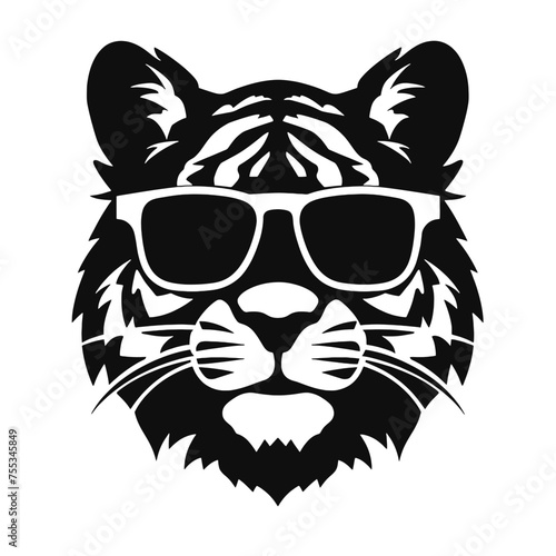 tiger head wearing sunglasses, vintage logo line art concept black and white color, hand drawn illustration  