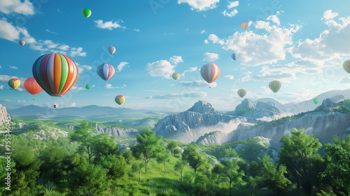 full of Beautiful colorful balloon in the blue sky ,hill and valley landscape