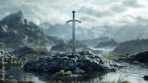 holy excalibur medival sword on the rock , king arthur sword photo