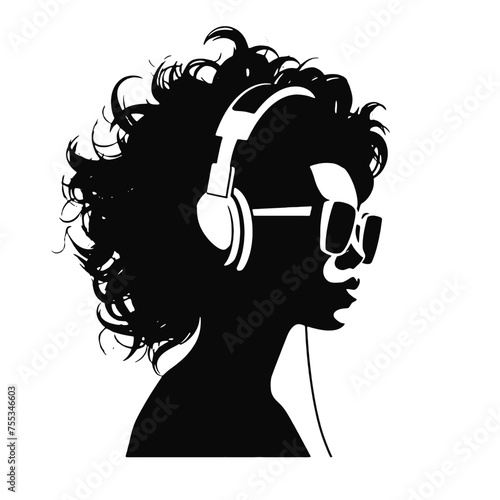 The girl listens to music on headphones . Profile of a young   woman. Musician avatar side view. Vector flat illustration