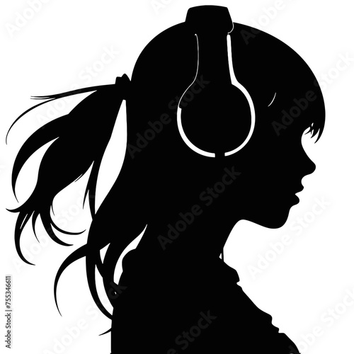 The girl listens to music on headphones . Profile of a young   woman. Musician avatar side view. Vector flat illustration