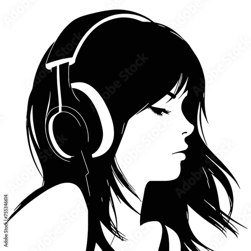 The girl listens to music on headphones . Profile of a young   woman. Musician avatar side view. Vector flat illustration
