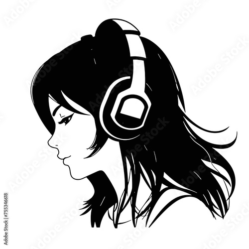 The girl listens to music on headphones . Profile of a young   woman. Musician avatar side view. Vector flat illustration