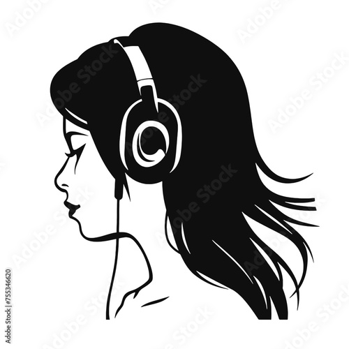 The girl listens to music on headphones . Profile of a young   woman. Musician avatar side view. Vector flat illustration