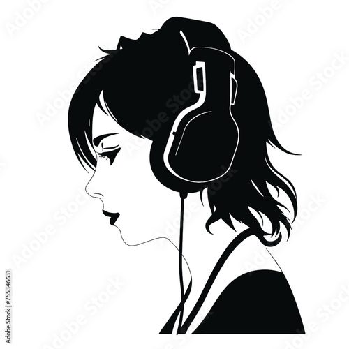 The girl listens to music on headphones . Profile of a young   woman. Musician avatar side view. Vector flat illustration