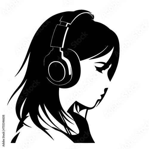 The girl listens to music on headphones . Profile of a young   woman. Musician avatar side view. Vector flat illustration