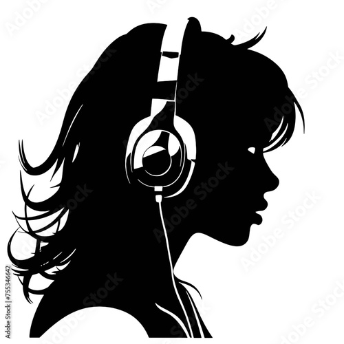 The girl listens to music on headphones . Profile of a young   woman. Musician avatar side view. Vector flat illustration
