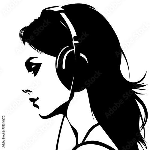 The girl listens to music on headphones . Profile of a young   woman. Musician avatar side view. Vector flat illustration