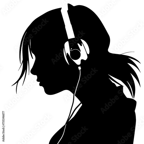 The girl listens to music on headphones . Profile of a young   woman. Musician avatar side view. Vector flat illustration